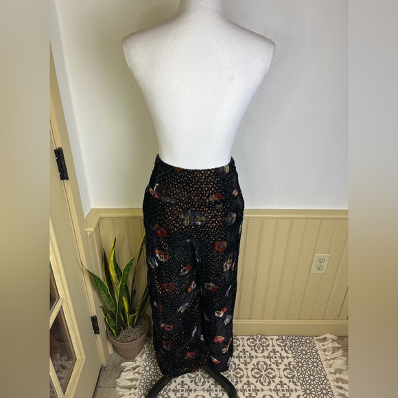 Anthropologie NWT Eva Franco Sz 0 Velvet Wide Leg Pants Black Motif Floral Glam - Picture 14 of 16